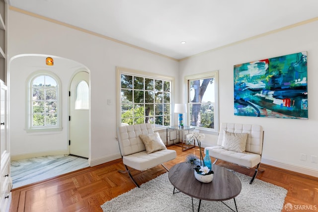 153 Dale Ave, San Carlos, CA 94070 - living area featuring crown molding, arched walkways, and recessed lighting