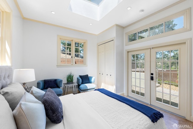 153 Dale Ave, San Carlos, CA 94070 - tiled bedroom with access to outside, crown molding, a skylight, french doors, and a closet