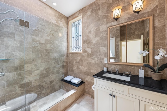 153 Dale Ave, San Carlos, CA 94070 - bathroom with vanity, tile walls, a tile shower, and tile patterned floors