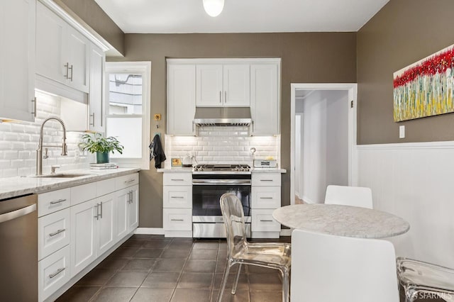 243 Henry St Unit A, San Francisco, CA 94114 - kitchen featuring stainless steel appliances, under cabinet range hood, white cabinetry, wainscoting, and decorative backsplash
