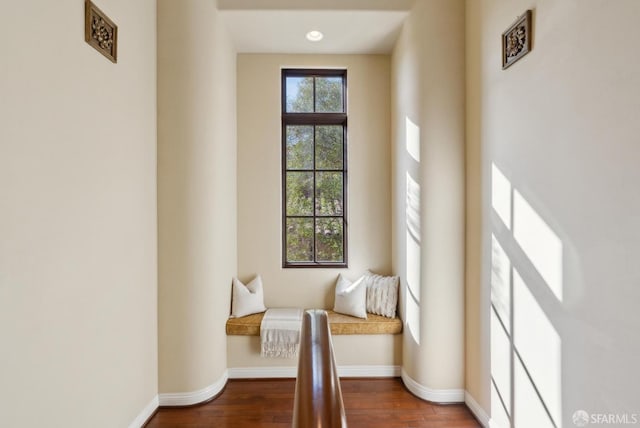 sitting room featuring hardwood / wood-style floors, recessed lighting, and baseboards