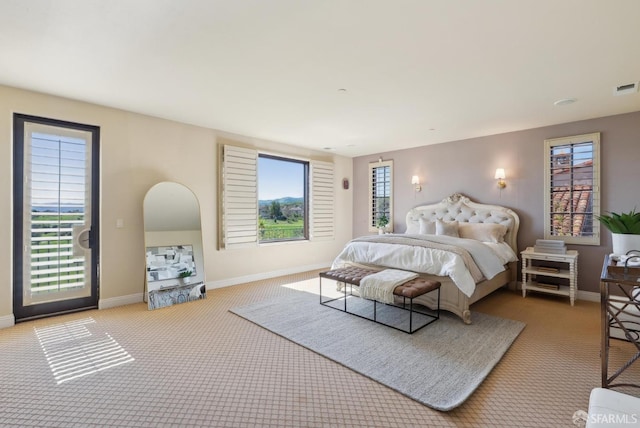 bedroom featuring baseboards, multiple windows, carpet, and access to exterior