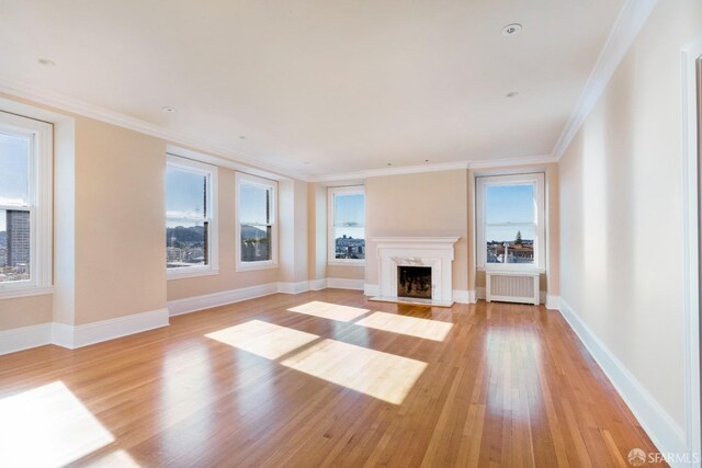 unfurnished living room with crown molding, light hardwood / wood-style flooring, a premium fireplace, and radiator heating unit