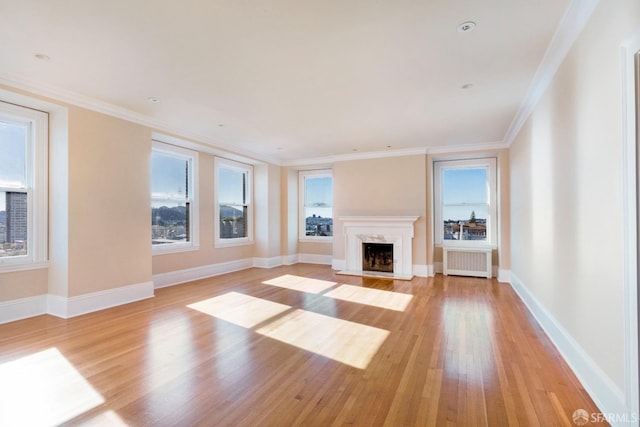 1800 Gough St Unit 7, San Francisco, CA 94109 - unfurnished living room with radiator, a fireplace, plenty of natural light, light wood-style floors, and crown molding