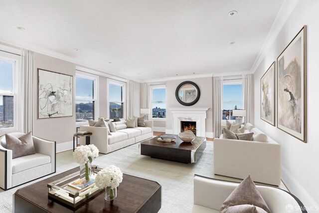 living room with crown molding, a premium fireplace, and a wealth of natural light