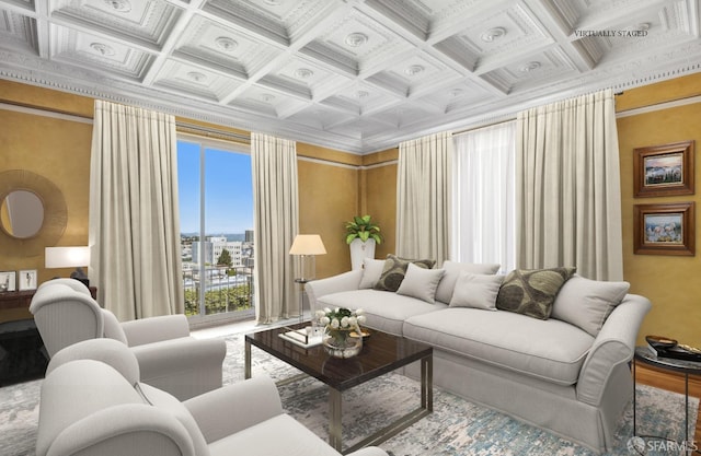 living room with ornamental molding, coffered ceiling, and beam ceiling