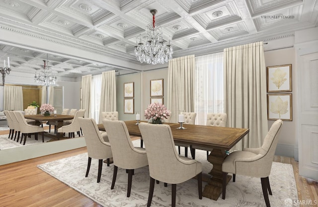 dining area with an inviting chandelier, ornamental molding, light wood finished floors, and coffered ceiling