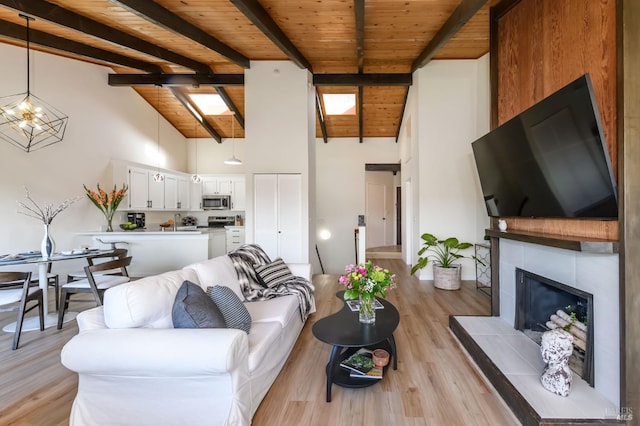 living area featuring beam ceiling, wood ceiling, light wood-style flooring, and a fireplace