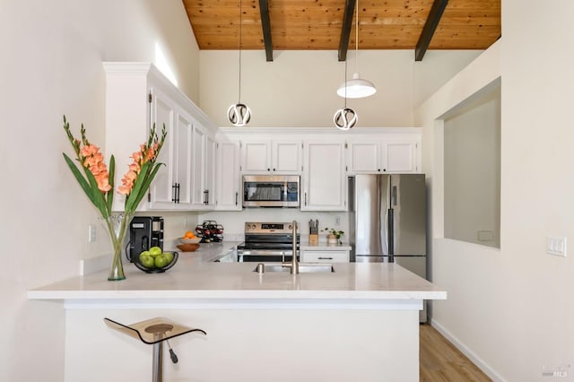 kitchen featuring a sink, appliances with stainless steel finishes, a peninsula, light countertops, and wood ceiling