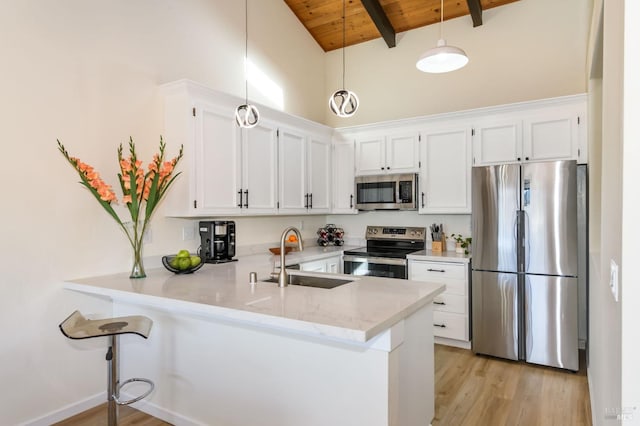 kitchen featuring beam ceiling, appliances with stainless steel finishes, wooden ceiling, a peninsula, and a sink