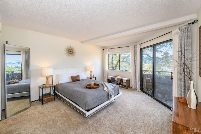 bedroom featuring access to exterior, carpet, and a textured ceiling