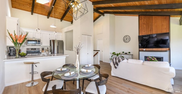 dining room with a fireplace, a skylight, wood ceiling, and light wood-style flooring