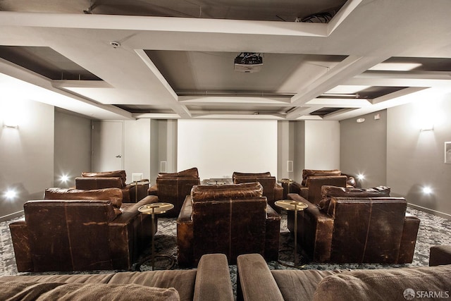 cinema featuring coffered ceiling