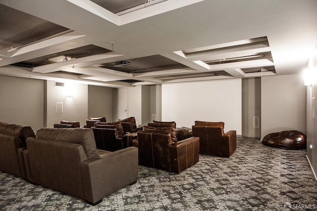 cinema featuring carpet flooring and coffered ceiling