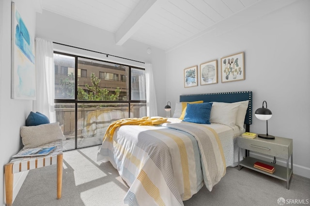 bedroom with wooden ceiling, beamed ceiling, and light carpet