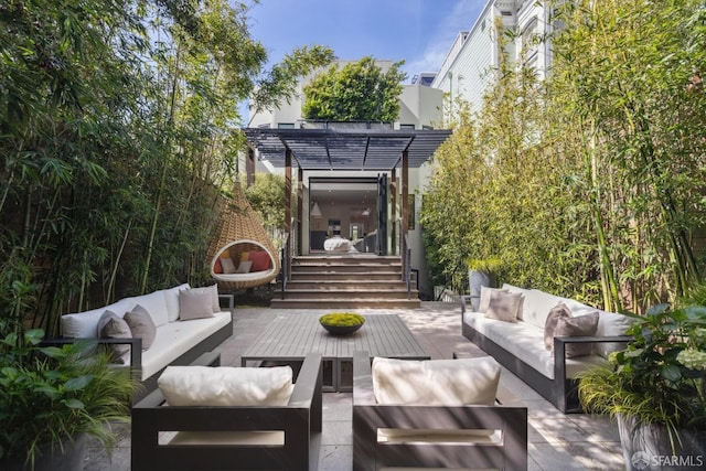 view of patio / terrace featuring an outdoor hangout area and a pergola