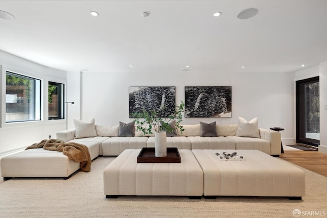 living room featuring recessed lighting and wood finished floors