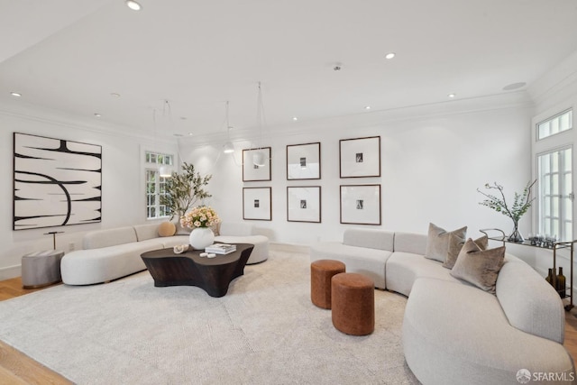 living area featuring ornamental molding and recessed lighting