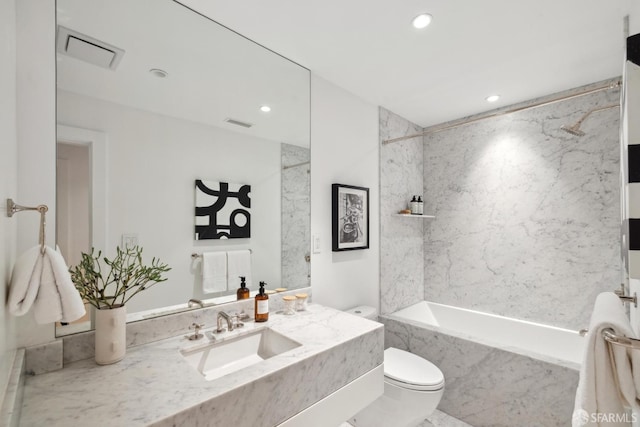 bathroom featuring toilet, recessed lighting, vanity, and a combined bath / shower with marble appearance