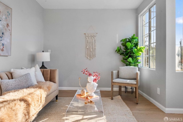 sitting room featuring baseboards, plenty of natural light, and light wood-style floors