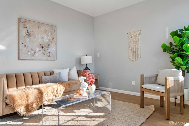 living area with baseboards and wood finished floors