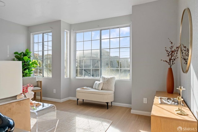 living area featuring light wood finished floors and baseboards