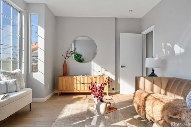 living area with light wood-style floors, a wealth of natural light, and baseboards