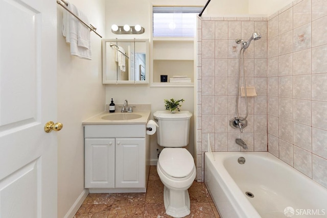 bathroom featuring toilet, shower / bathtub combination, baseboards, and vanity