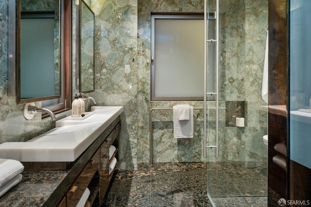 947 Green St Unit 6, San Francisco, CA 94133 - full bathroom featuring a stall shower, toilet, double vanity, and tile walls