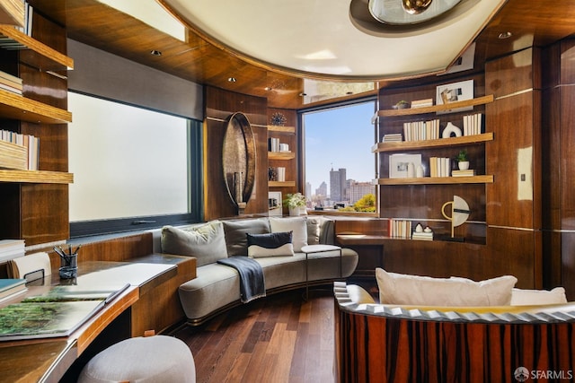 home theater featuring dark wood-style floors