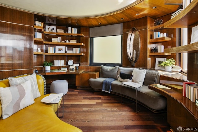 living area with wood-type flooring and wood ceiling