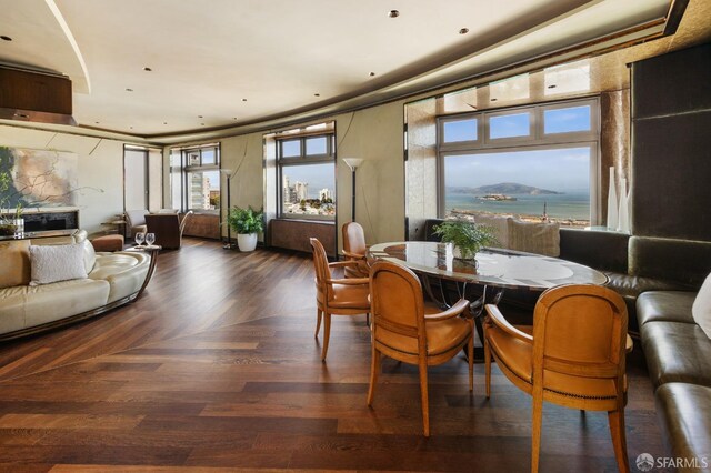 dining room with wood finished floors and a fireplace