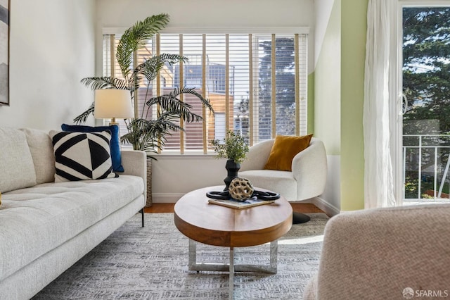 living area featuring baseboards and wood finished floors