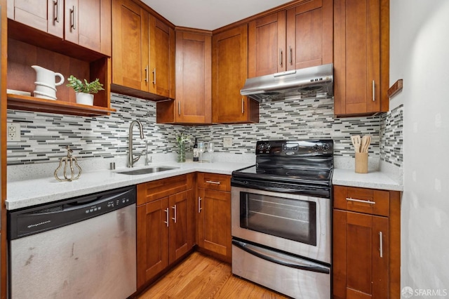 kitchen featuring a sink, appliances with stainless steel finishes, under cabinet range hood, light wood-type flooring, and backsplash