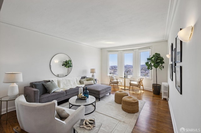 living area featuring a textured ceiling, wood finished floors, baseboards, ornamental molding, and radiator heating unit