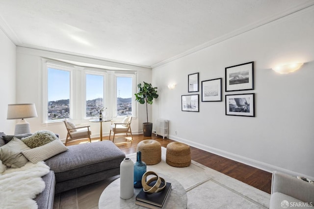 living room featuring radiator, crown molding, and wood finished floors