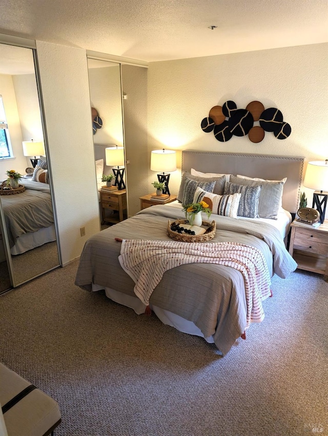 bedroom featuring carpet, a textured ceiling, and a closet