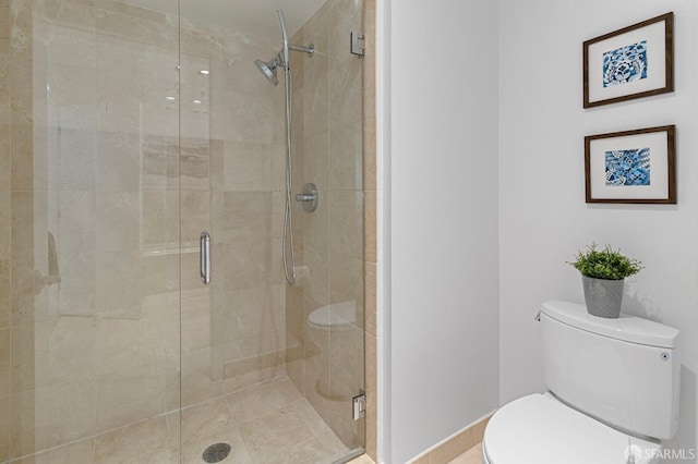 full bathroom featuring a shower stall and toilet