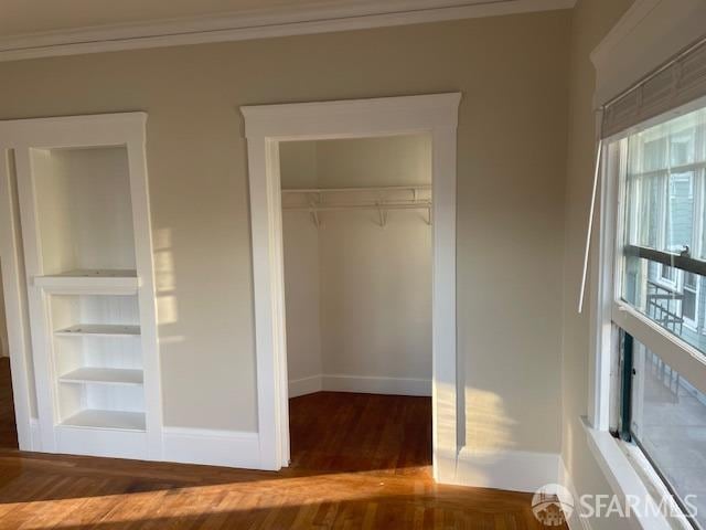 interior space featuring ornamental molding, dark wood-type flooring, and a closet