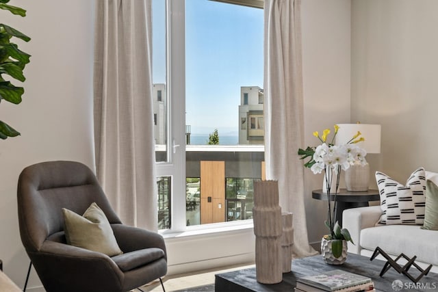 sitting room with a water view