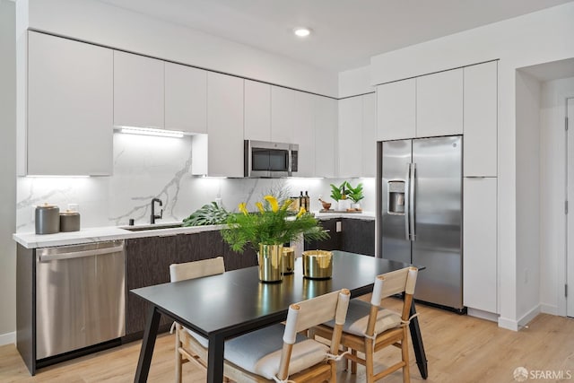 kitchen with backsplash, white cabinets, stainless steel appliances, and light hardwood / wood-style floors