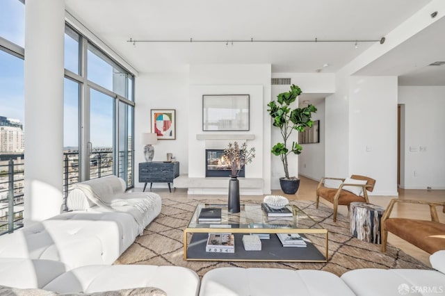 living room with plenty of natural light, expansive windows, and track lighting