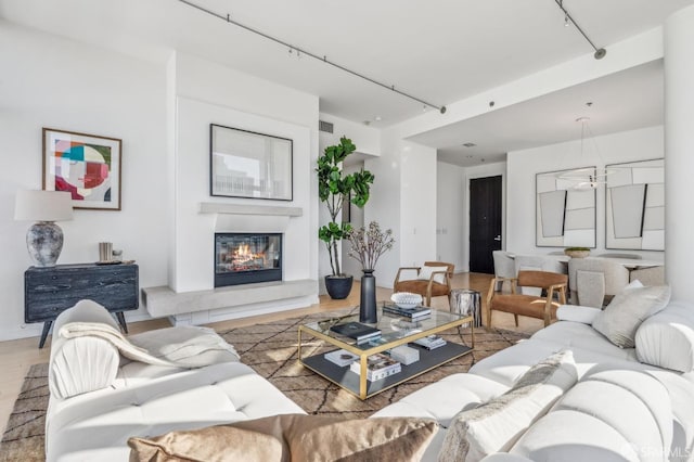 living room with track lighting and hardwood / wood-style floors