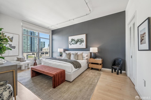 bedroom with light hardwood / wood-style flooring, a closet, and track lighting