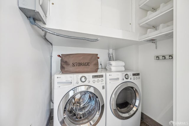 washroom with washer and clothes dryer and tile patterned floors