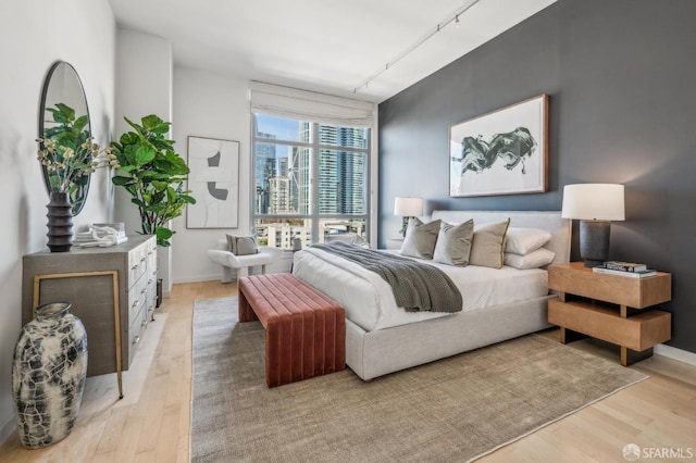 bedroom featuring light hardwood / wood-style floors and track lighting