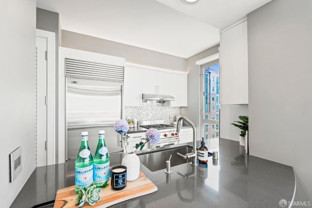 kitchen featuring high quality appliances, white cabinetry, sink, and decorative backsplash