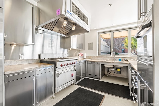 kitchen with gray cabinetry, stainless steel appliances, sink, and exhaust hood