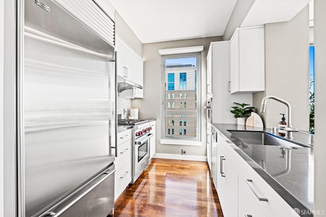 kitchen with high quality appliances, white cabinetry, sink, and hardwood / wood-style floors