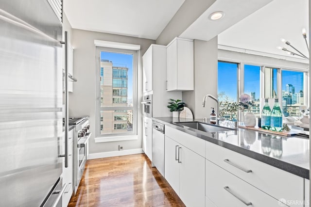 kitchen with sink, premium appliances, a wealth of natural light, light hardwood / wood-style floors, and white cabinets